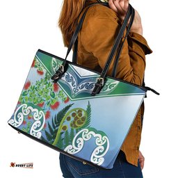 Aotearoa New Zealand Natural Plants Leather Tote Bag Pohutukawa with Silver Ferns Koru Frond Maori Tattoos LT03