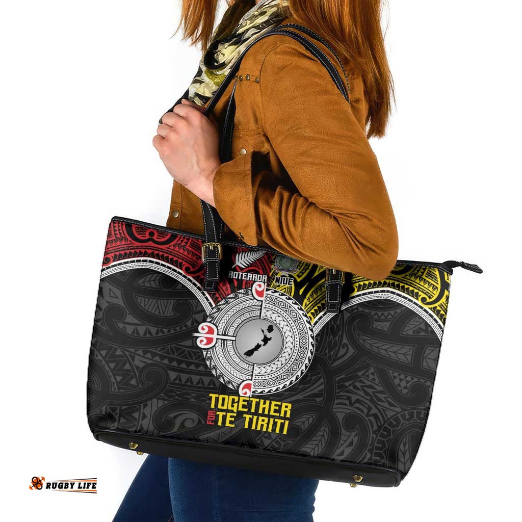 Aotearoa and Niue Mo Te Tiriti Leather Tote Bag New Zealand Honour The Treaty Ake!Ake!Ake! LT9