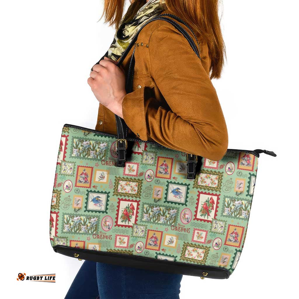 Aussie Birds Christmas La La Land Leather Tote Bag Green Vintage Stamp Edition LT9