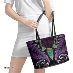 Aotearoa Pounamu Niho Leather Tote Bag Silver Fern Mix Maori Pattern - Purple LT14