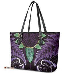Aotearoa Pounamu Niho Leather Tote Bag Silver Fern Mix Maori Pattern - Purple LT14