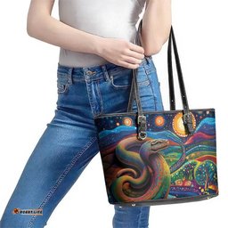 Aboriginal Dreamtime Rainbow Serpent Leather Tote Bag LT9