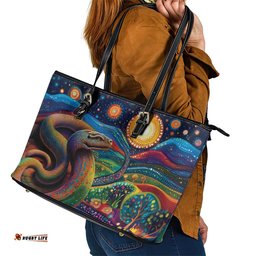 Aboriginal Dreamtime Rainbow Serpent Leather Tote Bag LT9