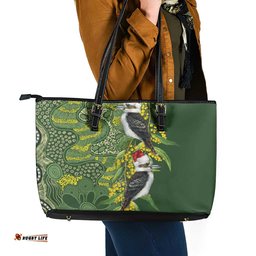 Aussie Kokaburra Golden Wattle Christmas Leather Tote Bag Aboriginal Dots Painting Green Motif LT9