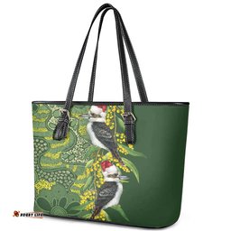 Aussie Kokaburra Golden Wattle Christmas Leather Tote Bag Aboriginal Dots Painting Green Motif LT9