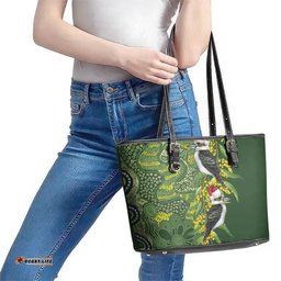 Aussie Kokaburra Golden Wattle Christmas Leather Tote Bag Aboriginal Dots Painting Green Motif LT9
