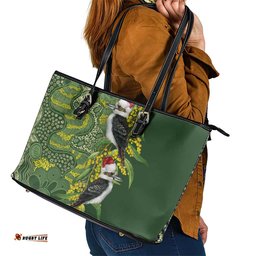 Aussie Kokaburra Golden Wattle Christmas Leather Tote Bag Aboriginal Dots Painting Green Motif LT9