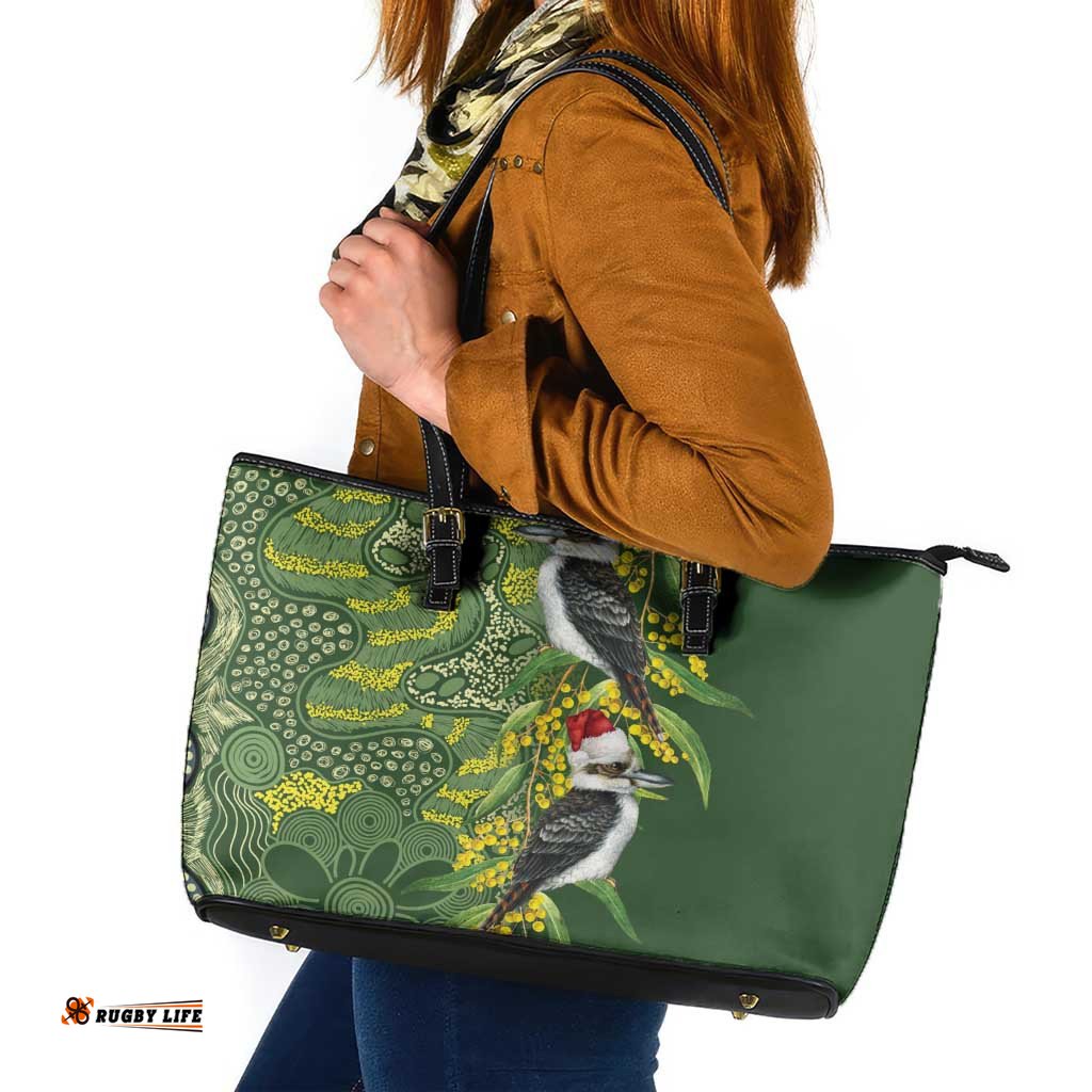 Aussie Kokaburra Golden Wattle Christmas Leather Tote Bag Aboriginal Dots Painting Green Motif LT9