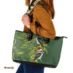 Aussie Kokaburra Golden Wattle Christmas Leather Tote Bag Aboriginal Dots Painting Green Motif LT9