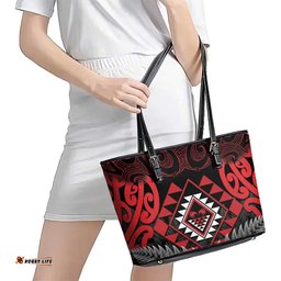Aotearoa Kiwi Taniko Leather Tote Bag Silver Fern With Maori Koru Pattern LT14