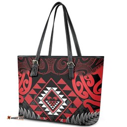Aotearoa Kiwi Taniko Leather Tote Bag Silver Fern With Maori Koru Pattern LT14