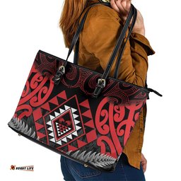 Aotearoa Kiwi Taniko Leather Tote Bag Silver Fern With Maori Koru Pattern LT14