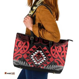 Aotearoa Kiwi Taniko Leather Tote Bag Silver Fern With Maori Koru Pattern LT14