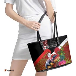 Aotearoa Toitu Te Tiriti Leather Tote Bag Waitangi-Honour The Treaty NZ Tuatara and Plants LT03