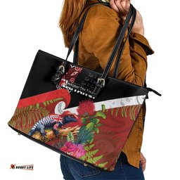 Aotearoa Toitu Te Tiriti Leather Tote Bag Waitangi-Honour The Treaty NZ Tuatara and Plants LT03