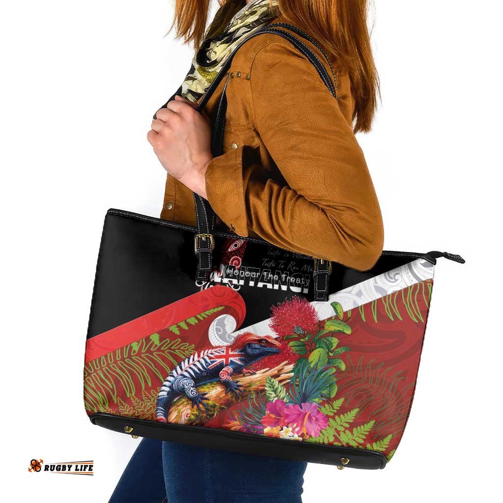 Aotearoa Toitu Te Tiriti Leather Tote Bag Waitangi-Honour The Treaty NZ Tuatara and Plants LT03