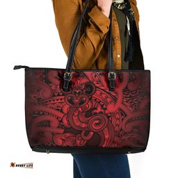 Aotearoa Maori Hei Tiki Leather Tote Bag Whero Kowhaiwhai Puhoro Motif LT9
