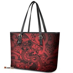 Aotearoa Maori Hei Tiki Leather Tote Bag Whero Kowhaiwhai Puhoro Motif LT9