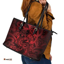 Aotearoa Maori Hei Tiki Leather Tote Bag Whero Kowhaiwhai Puhoro Motif LT9