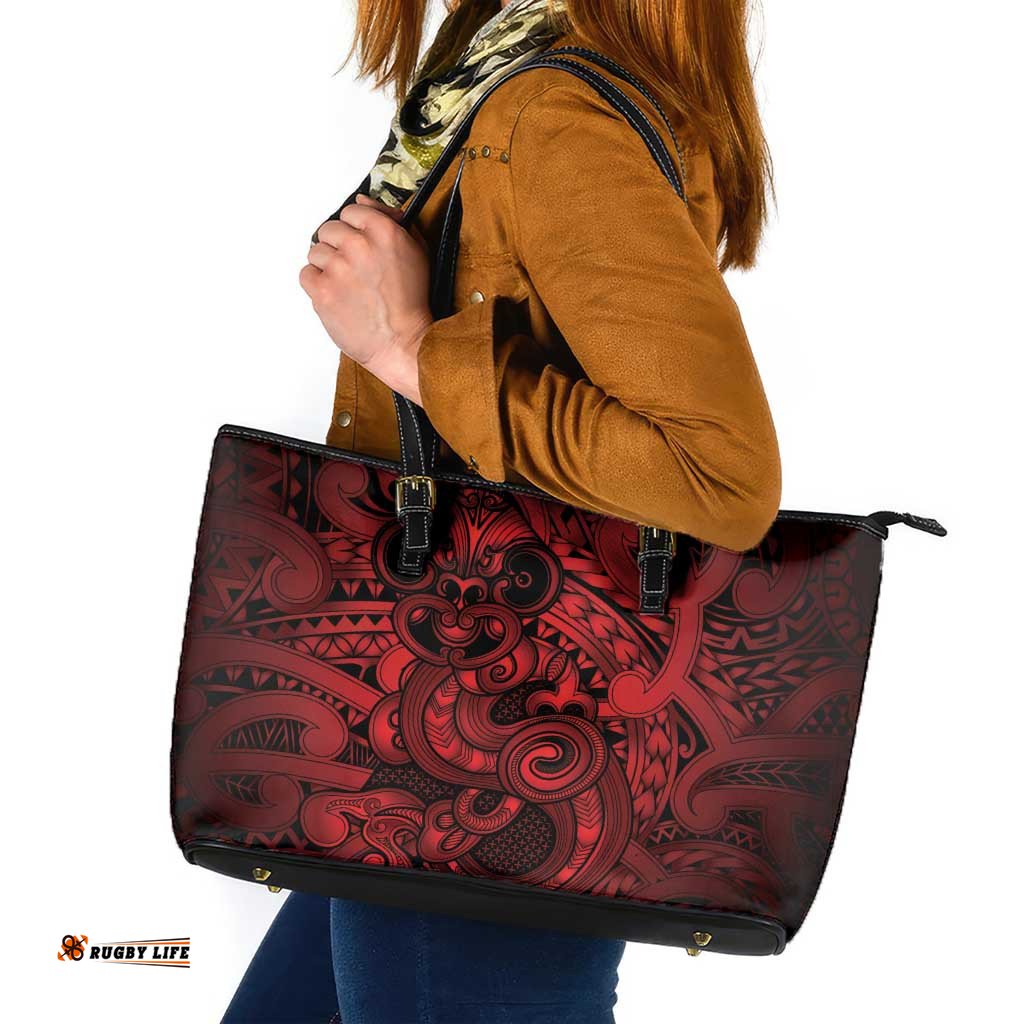 Aotearoa Maori Hei Tiki Leather Tote Bag Whero Kowhaiwhai Puhoro Motif LT9