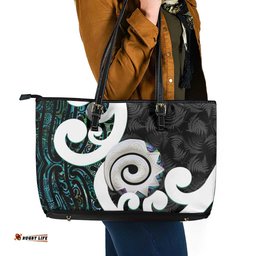 Aotearoa Koru Leather Tote Bag Cyan Maori Paua Shell Mix Silver Fern LT14