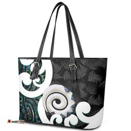 Aotearoa Koru Leather Tote Bag Cyan Maori Paua Shell Mix Silver Fern LT14