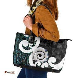 Aotearoa Koru Leather Tote Bag Cyan Maori Paua Shell Mix Silver Fern LT14