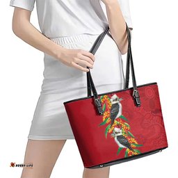 Aussie Kokaburra Golden Wattle Christmas Leather Tote Bag Aboriginal Dots Painting Red Motif LT9
