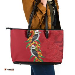 Aussie Kokaburra Golden Wattle Christmas Leather Tote Bag Aboriginal Dots Painting Red Motif LT9