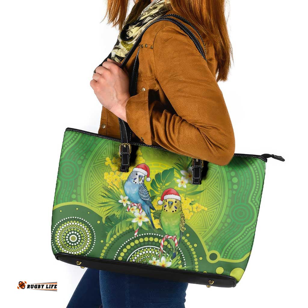 Budgerigar Australia Christmas Leather Tote Bag Budgies Golden Wattle Aboriginal Green LT14