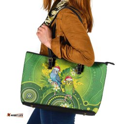 Budgerigar Australia Christmas Leather Tote Bag Budgies Golden Wattle Aboriginal Green LT14