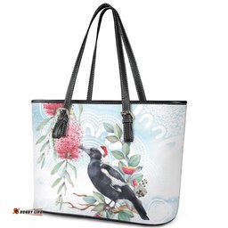 Australia Magpie Christmas Leather Tote Bag Eucalyptus Aboriginal Watercolor Stylized LT14
