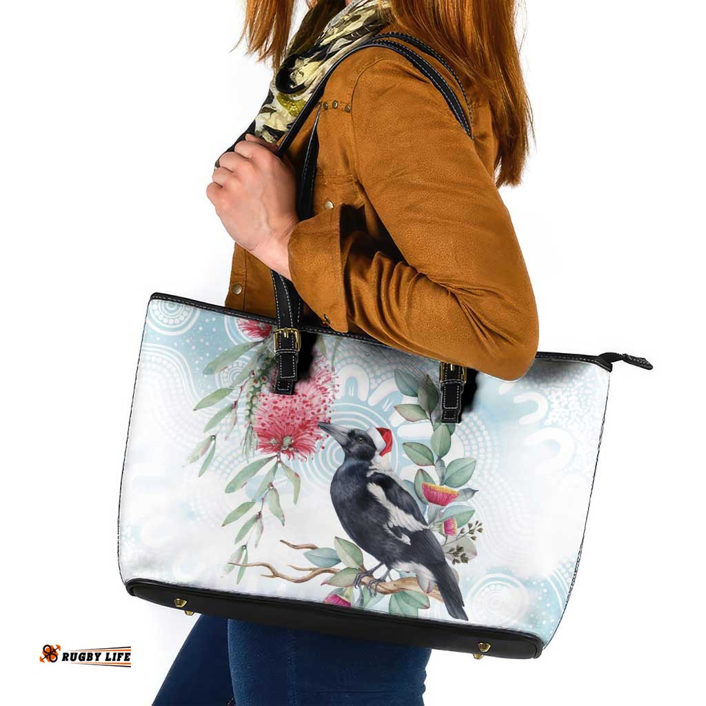 Australia Magpie Christmas Leather Tote Bag Eucalyptus Aboriginal Watercolor Stylized LT14
