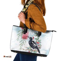 Australia Magpie Christmas Leather Tote Bag Eucalyptus Aboriginal Watercolor Stylized LT14