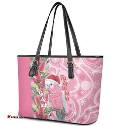 Australia Pink Galah Christmas Leather Tote Bag Falalalala Galalah Bottlebrush Aboriginal Art LT14