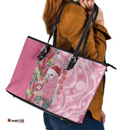 Australia Pink Galah Christmas Leather Tote Bag Falalalala Galalah Bottlebrush Aboriginal Art LT14
