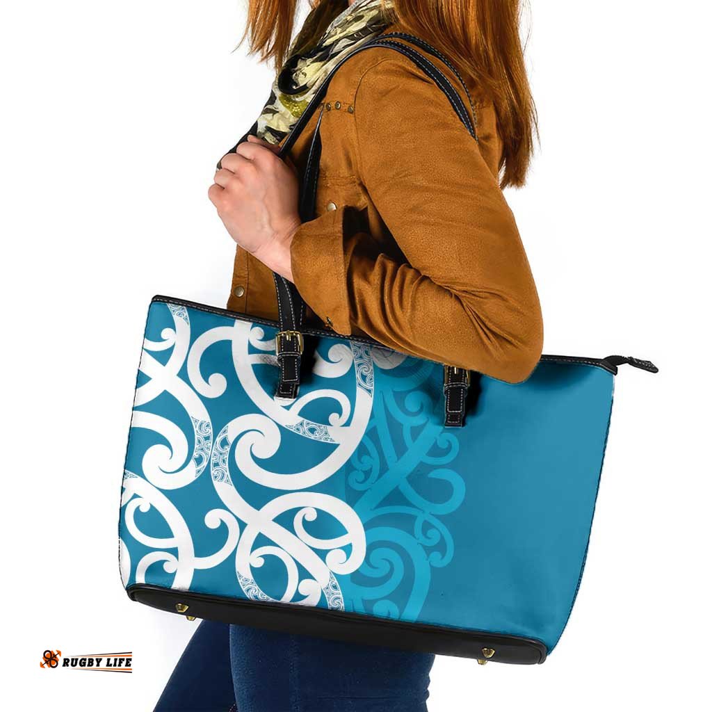 Azure Blue Maori Leather Tote Bag Koru Kowhaiwhai LT7