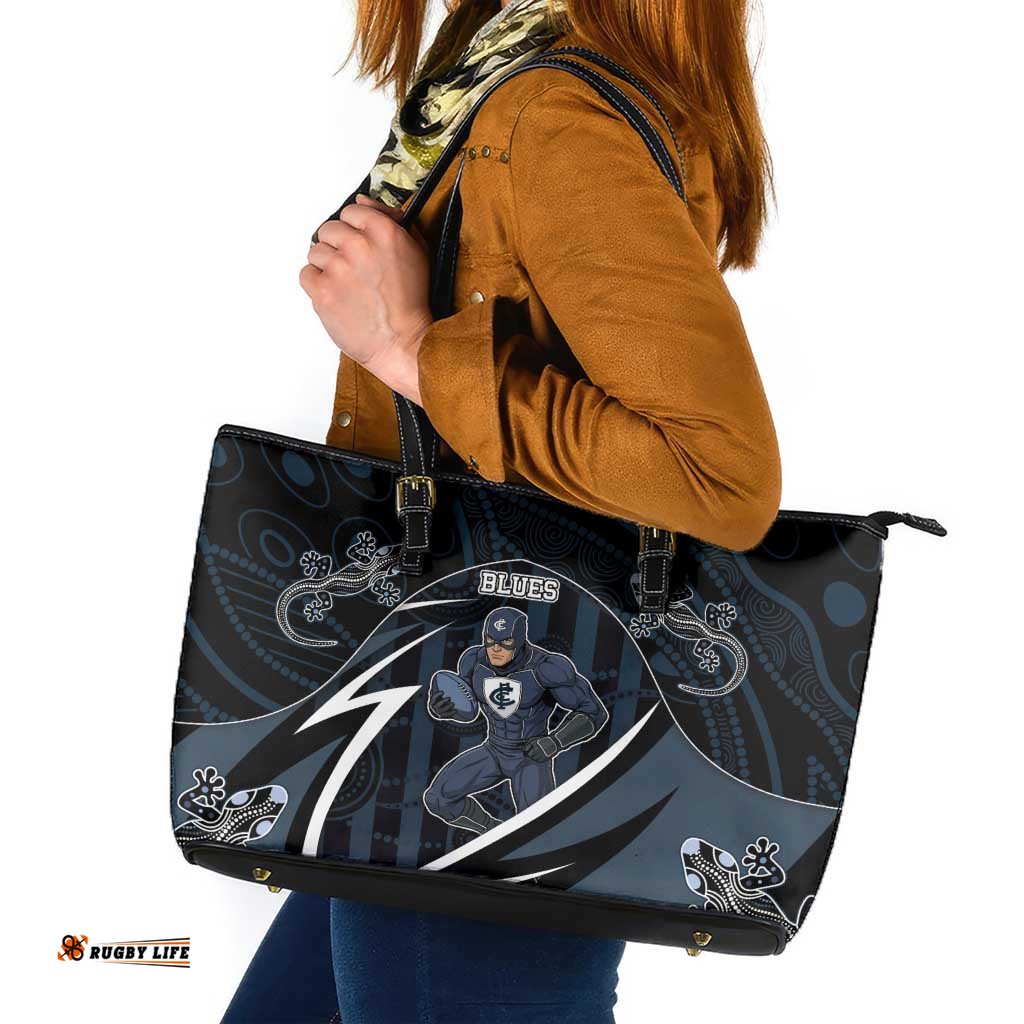 Carlton Navy Leather Tote Bag Captain With Aboriginal Art DT05