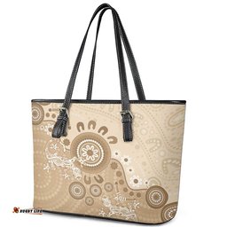 Beige Lizards Australia Leather Tote Bag Boomerang Indigenous Art LT14