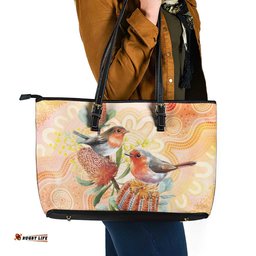 Australia Flame Robin Leather Tote Bag Petroica Phoenicea Banksia Indigenous Art LT14