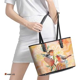 Australia Flame Robin Leather Tote Bag Petroica Phoenicea Banksia Indigenous Art LT14