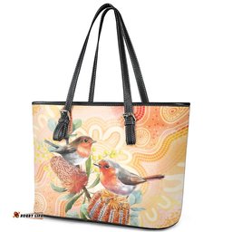 Australia Flame Robin Leather Tote Bag Petroica Phoenicea Banksia Indigenous Art LT14