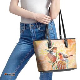 Australia Flame Robin Leather Tote Bag Petroica Phoenicea Banksia Indigenous Art LT14