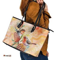 Australia Flame Robin Leather Tote Bag Petroica Phoenicea Banksia Indigenous Art LT14