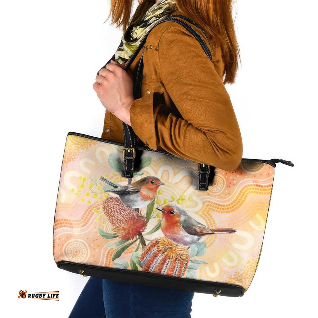 Australia Flame Robin Leather Tote Bag Petroica Phoenicea Banksia Indigenous Art LT14