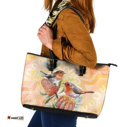 Australia Flame Robin Leather Tote Bag Petroica Phoenicea Banksia Indigenous Art LT14