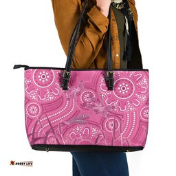 Australia Indigenous Pink Month Leather Tote Bag Breast Cancer Aboriginal Dragonflies Ribbon LT14