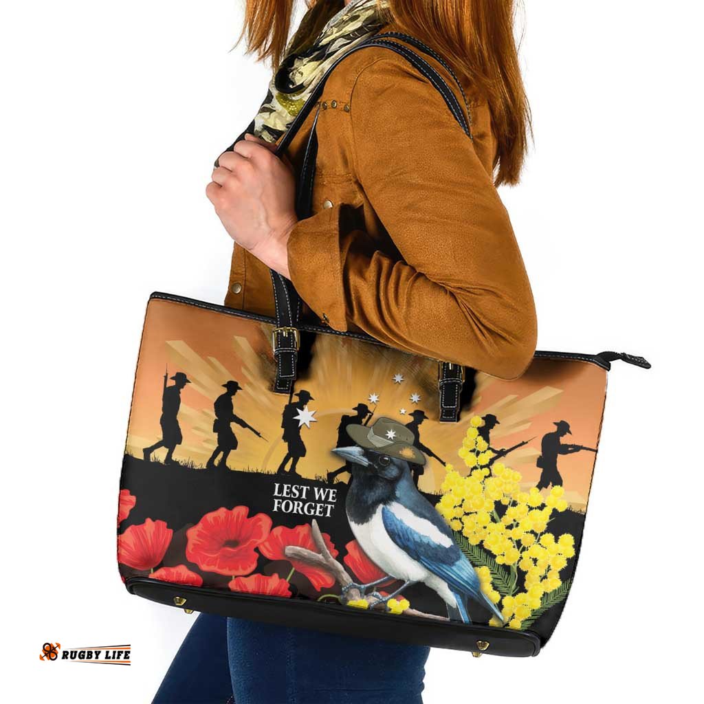 Australia Magpie ANZAC Day Leather Tote Bag Rising Sun 25th April Poppy Golden Wattle LT14