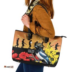Australia Magpie ANZAC Day Leather Tote Bag Rising Sun 25th April Poppy Golden Wattle LT14