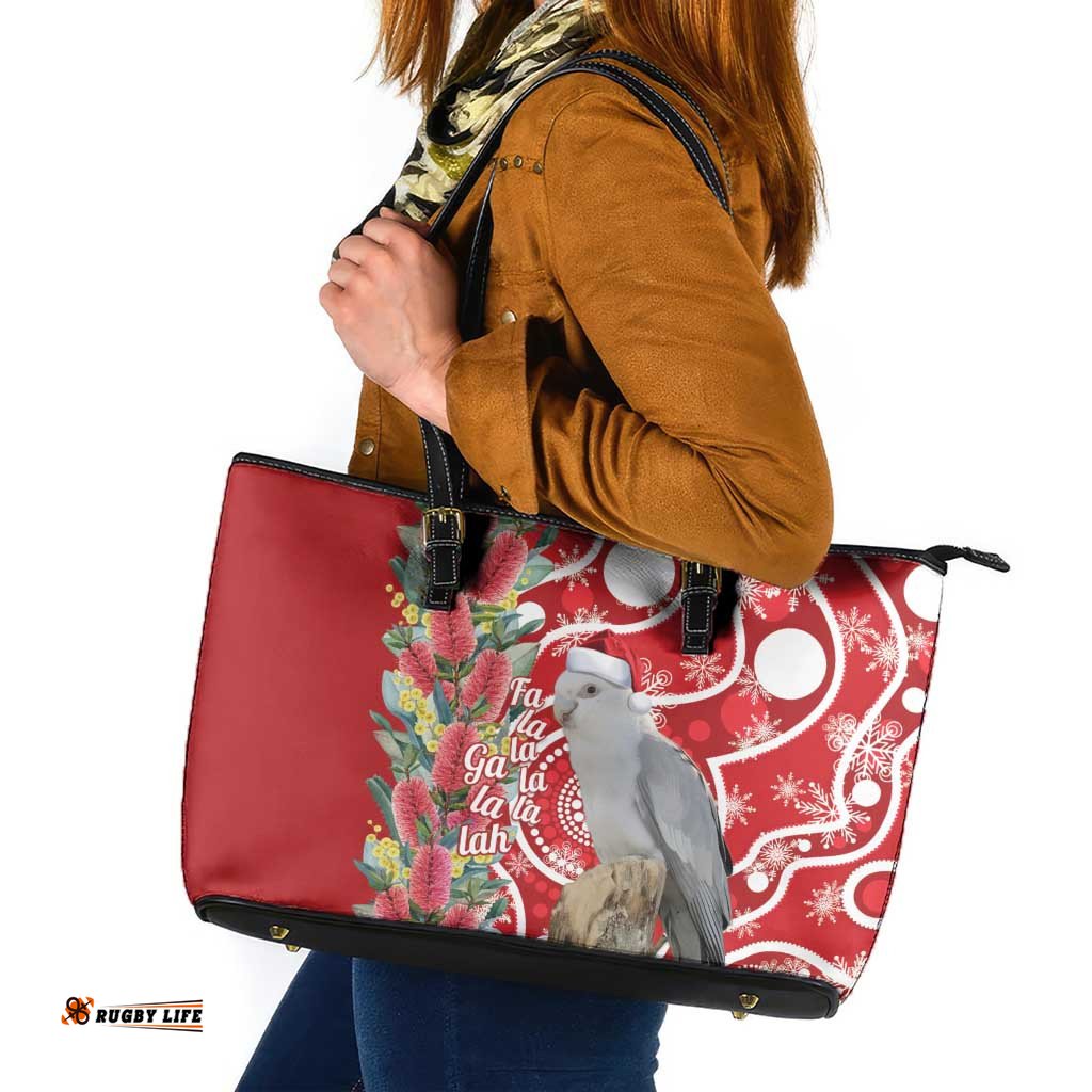 Blue Galah Mutation Christmas Australia Leather Tote Bag Falalalala Galalah Bottlebrush Red Aboriginal Art LT14